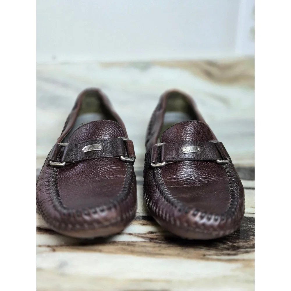 HS‎ Trask Mens Brown Leather Driving Loafers Whipstitch Moc Toe Slip 10.5 M